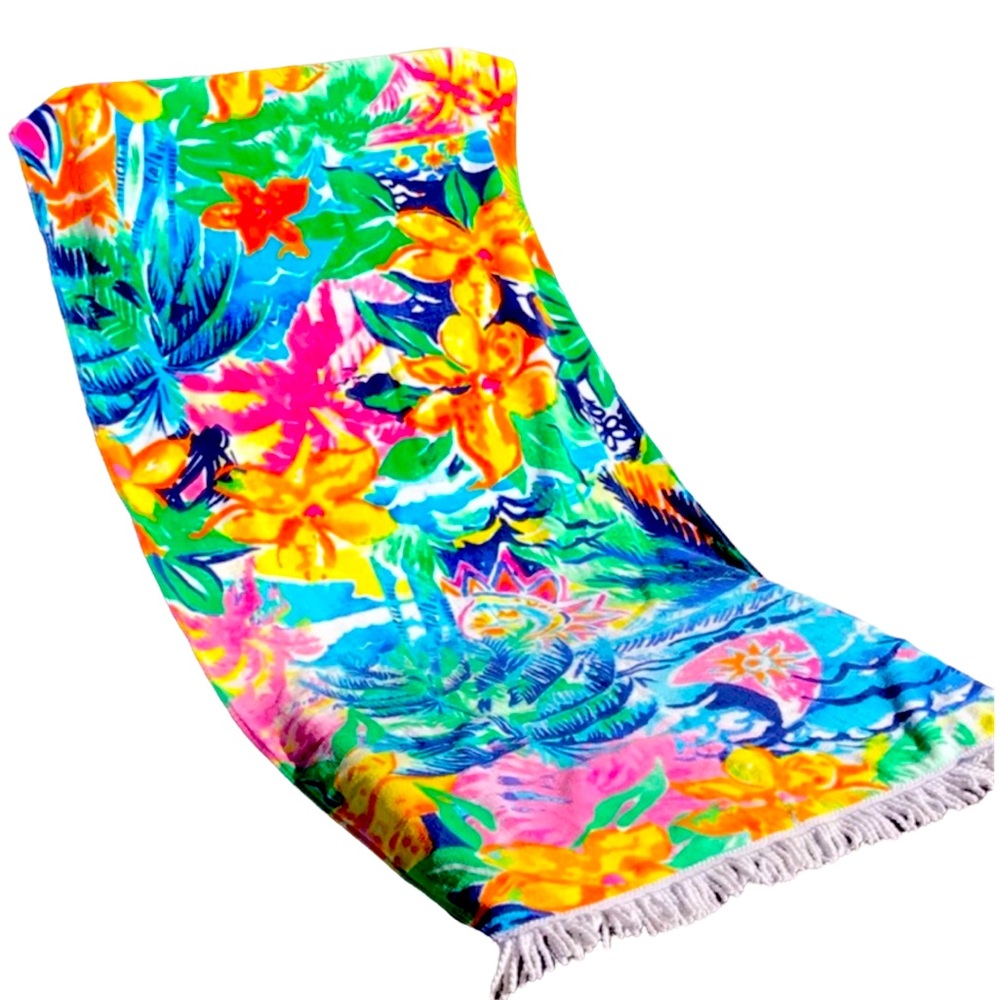 2Chillies Cotton Beach Towel Hawaiian Floral Kids Size Fringed New - Picture 6 of 15
